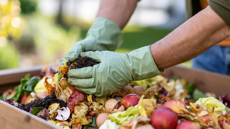 Hands in light green rubber gloves turning compost in a wooden bin filled with food scraps and soil