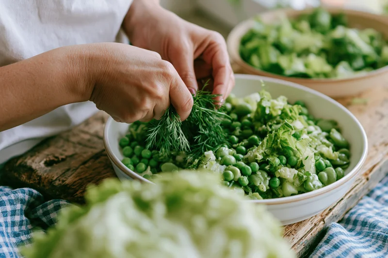 Hands adding fresh dill to a white bowl of green salad on a wooden table
