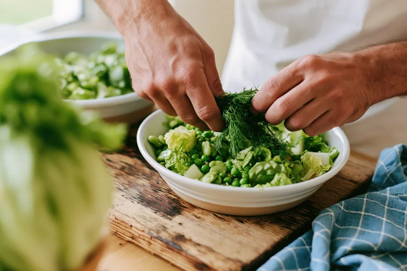 Hands adding fresh dill to a white bowl of salad on a wooden cutting board