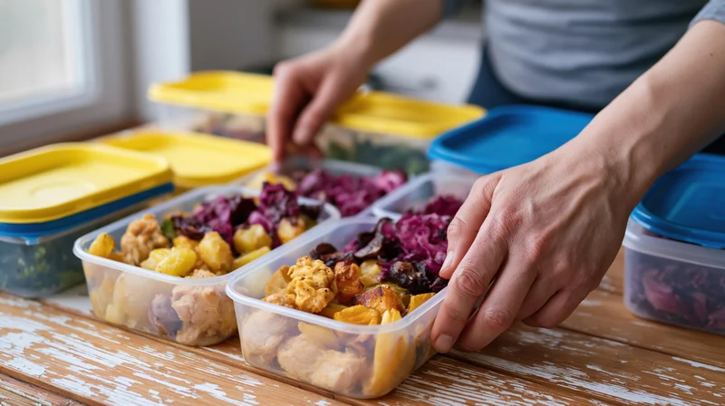 Woman arranging meal prep containers on a wooden kitchen counter