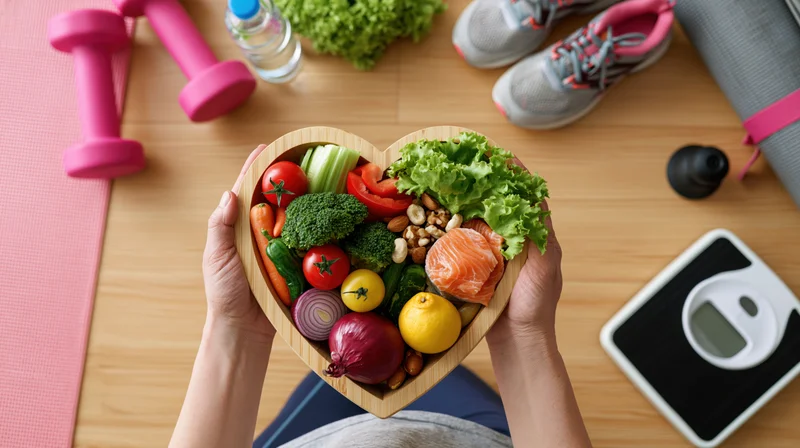 Woman holding heart-shaped bowl filled with vegetables and salmon, surrounded by fitness gear on wooden floor