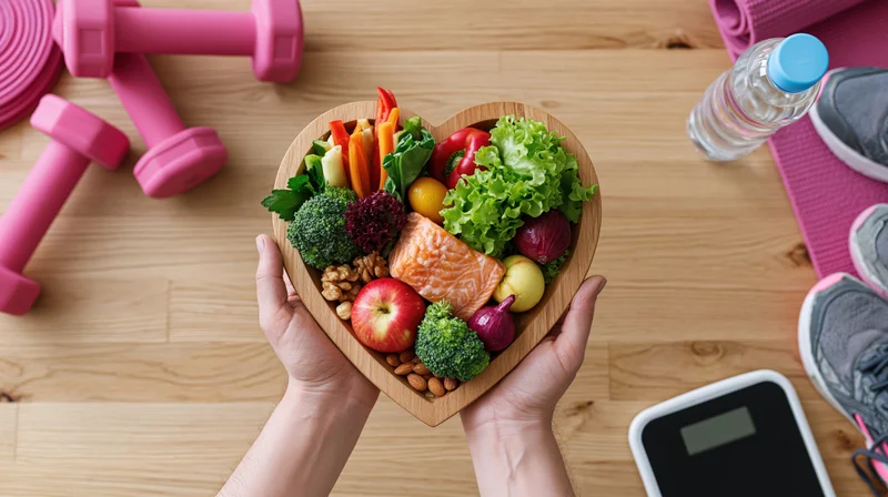 Hands holding heart-shaped bowl filled with colorful healthy foods on wooden table surrounded by fitness gear