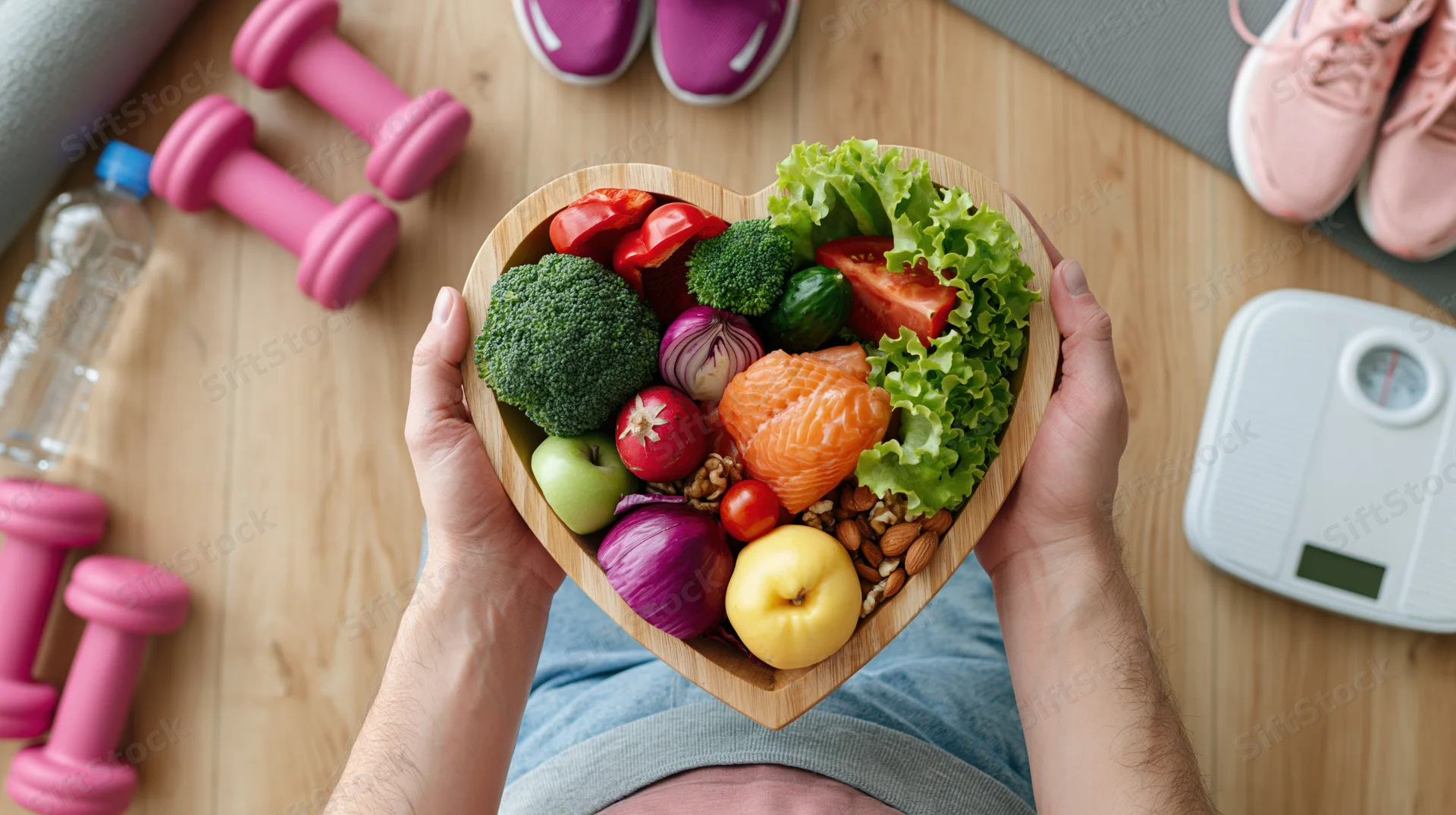 Hands holding heart-shaped bowl of colorful healthy food surrounded by fitness gear on wooden floor