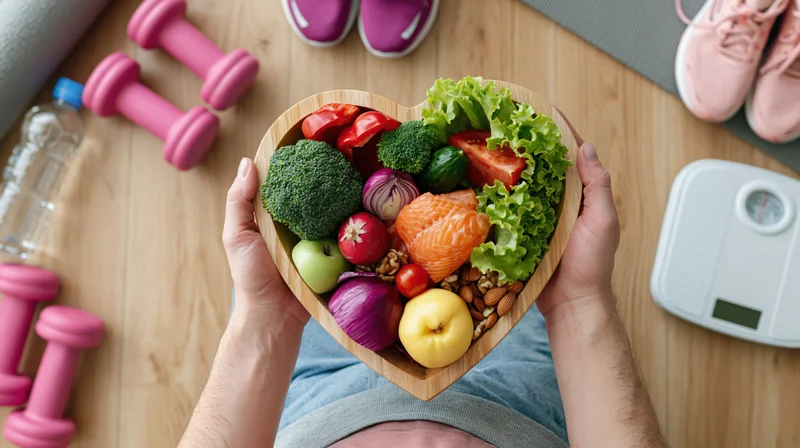 Hands holding heart-shaped bowl of colorful healthy food surrounded by fitness gear on wooden floor