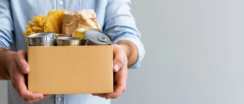 Man holding a cardboard box filled with canned food and pasta against a light background