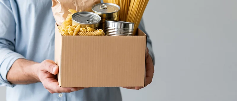 Man holding a cardboard box filled with canned goods and pasta against a light background