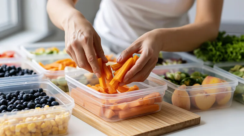 Woman placing chopped carrot sticks into a clear plastic container on a bamboo cutting board surrounded by other prepped vegetables and fruits in similar containers on a kitchen countertop