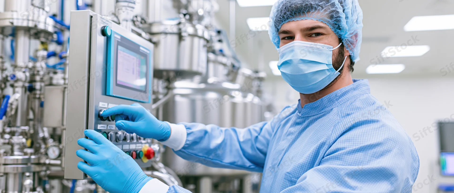 Pharmaceutical technician operating control panel in cleanroom manufacturing facility