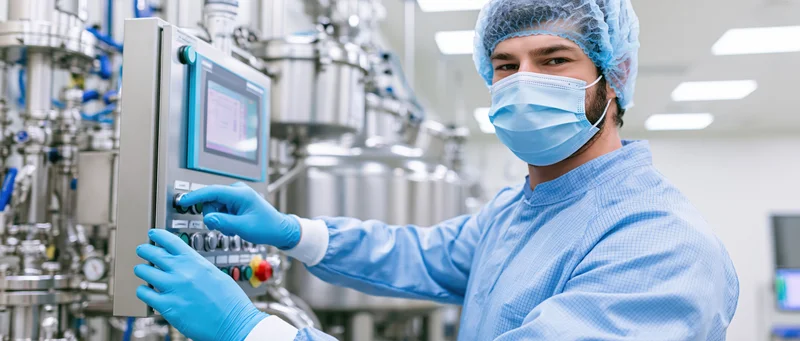Pharmaceutical technician operating control panel in cleanroom manufacturing facility