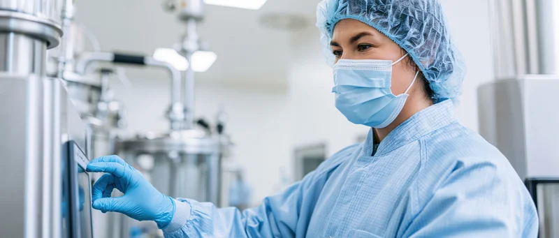 Female pharmaceutical technician in blue cleanroom scrubs operating digital control panel in laboratory setting
