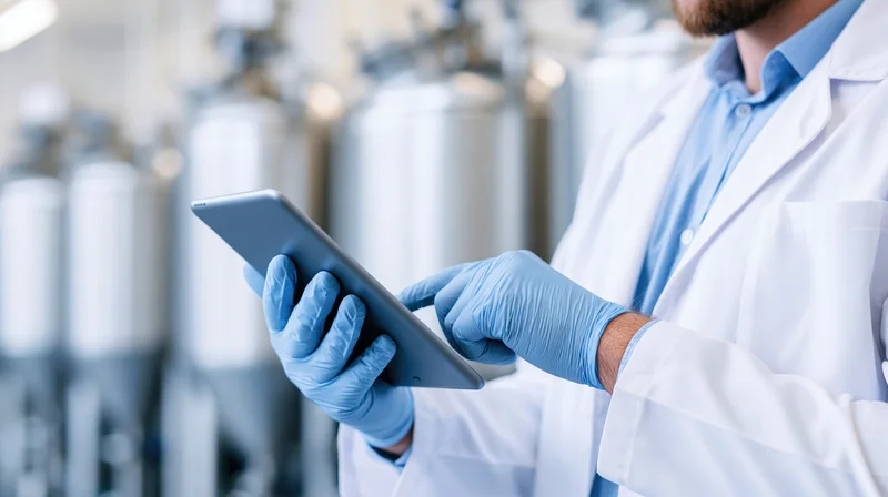 Male pharmaceutical technician in white lab coat using tablet in laboratory with stainless steel vats