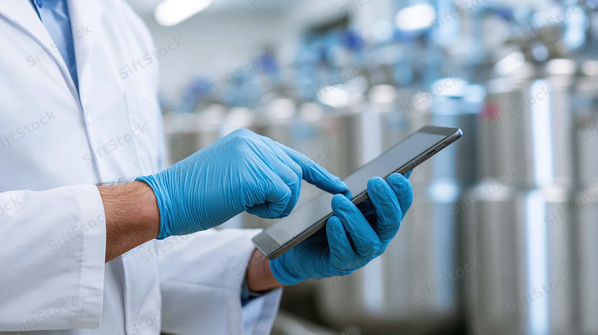 Pharmaceutical technician in white lab coat and blue nitrile gloves using tablet in manufacturing facility