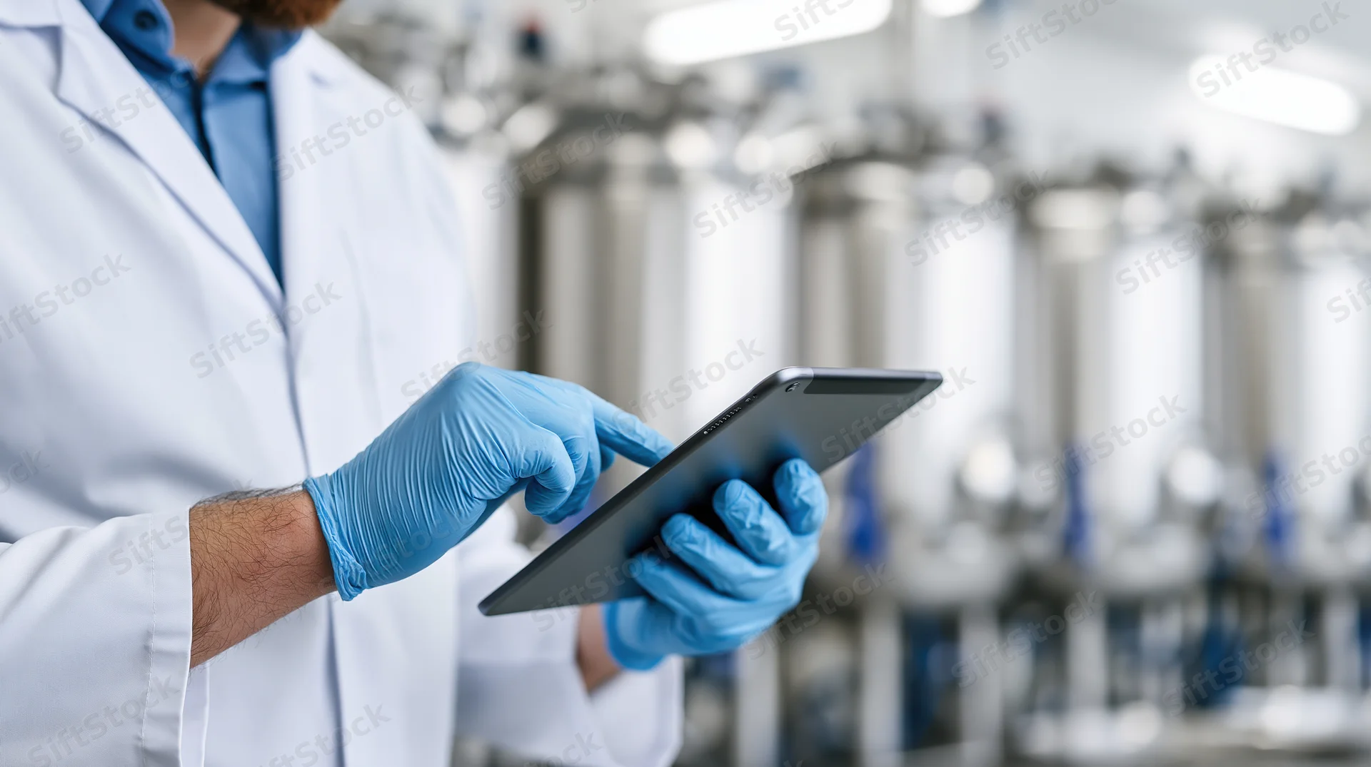 Pharmaceutical technician in white lab coat using tablet in industrial facility