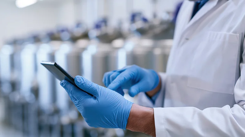 Pharmaceutical technician in white lab coat and blue nitrile gloves using tablet in manufacturing facility