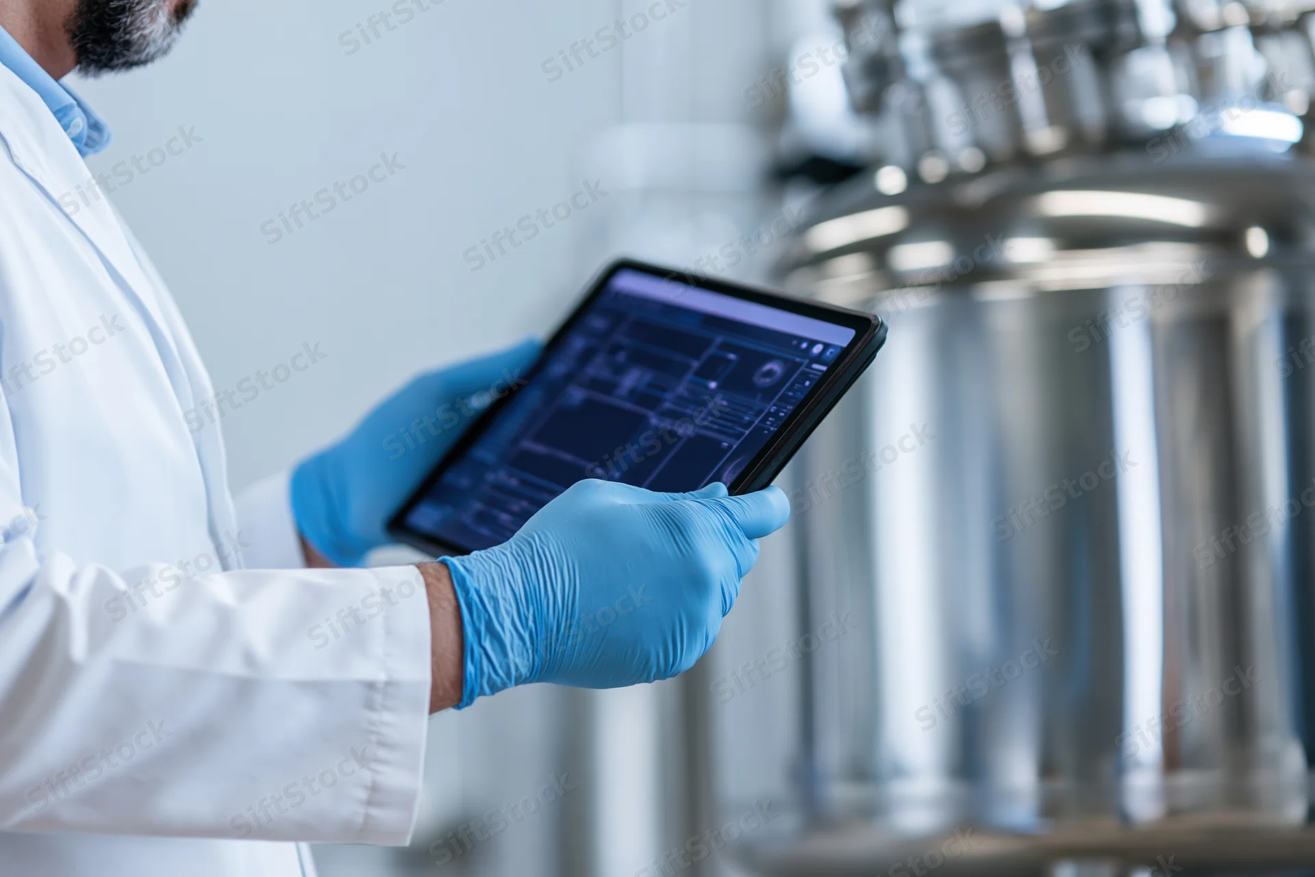 Pharmaceutical technician in white lab coat holding tablet with digital interface in front of stainless steel tank in laboratory setting