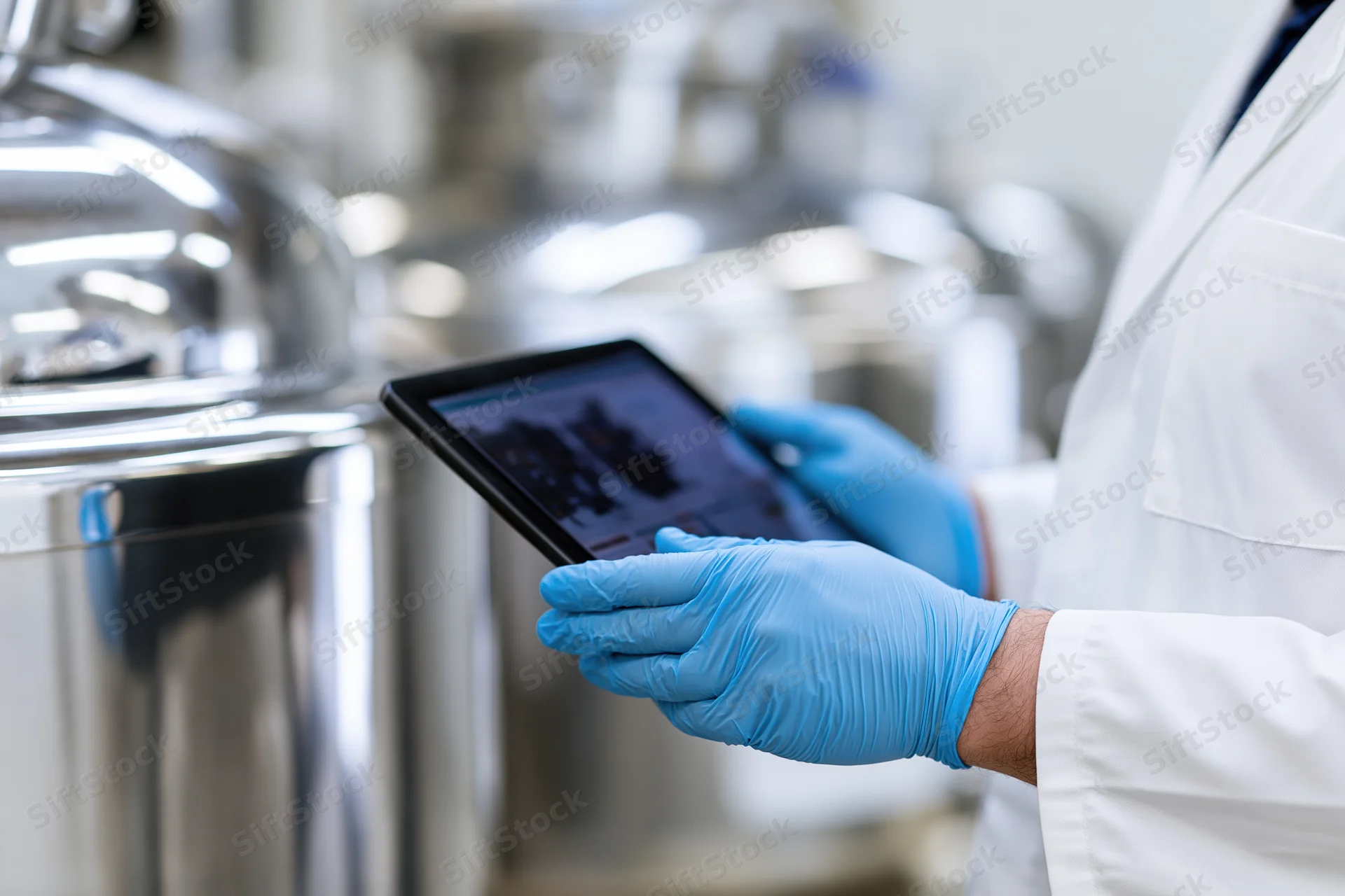 Pharmaceutical technician in white lab coat using tablet to monitor stainless steel equipment in manufacturing facility