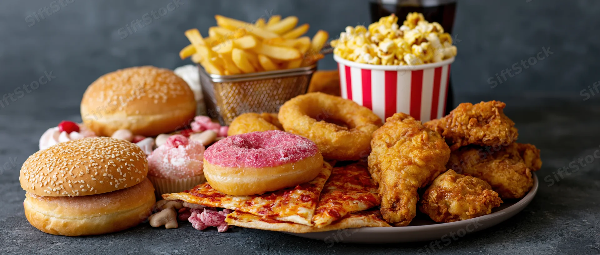 Pile of assorted junk food arranged on a dark textured surface