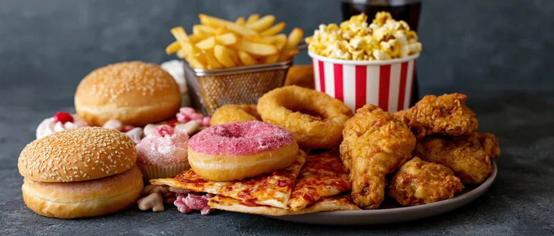 Pile of assorted junk food arranged on a dark textured surface