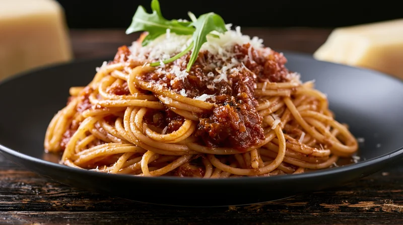 Spaghetti with chunky tomato sauce and grated cheese on a black plate on a dark wooden table