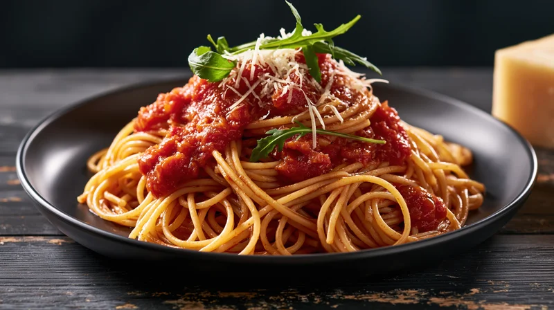 Spaghetti with chunky tomato sauce and grated cheese on a black plate on a dark wooden table