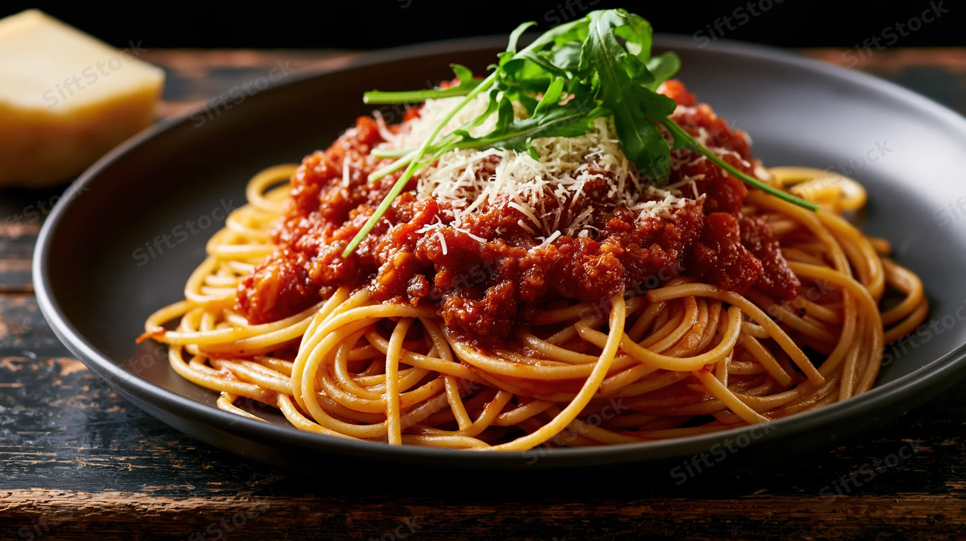 Spaghetti with chunky tomato sauce and grated cheese on a black plate on a dark wooden table