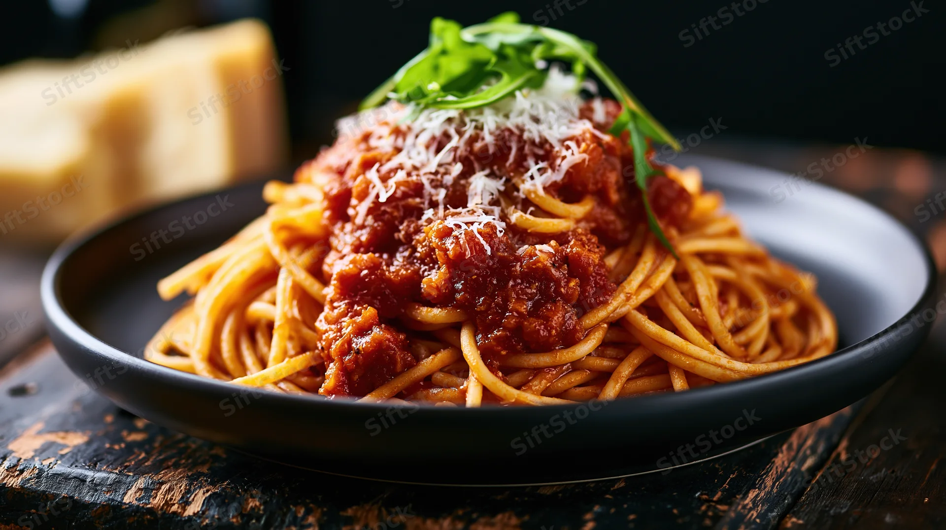 Spaghetti with chunky tomato meat sauce and grated cheese on a black plate on a dark wooden table
