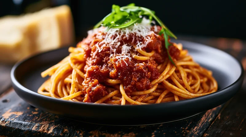 Spaghetti with chunky tomato meat sauce and grated cheese on a black plate on a dark wooden table