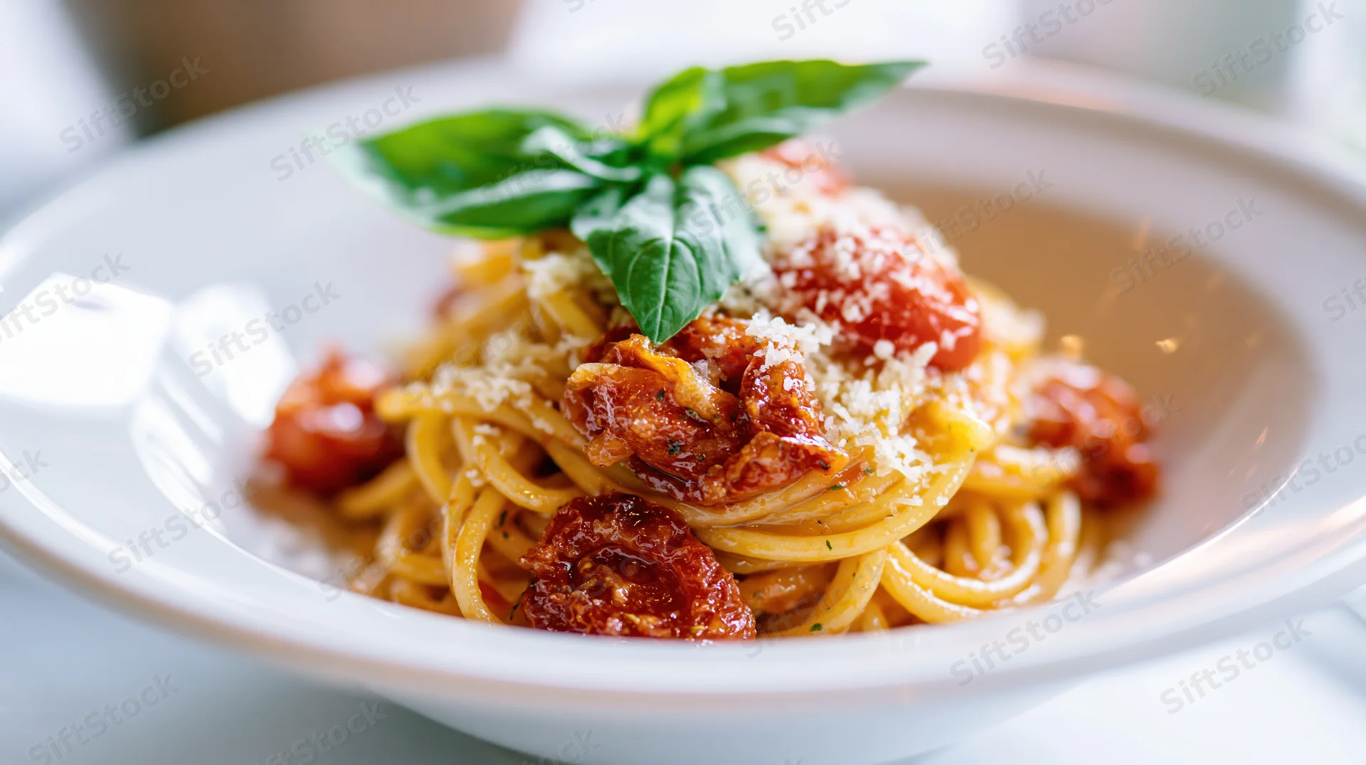 Spaghetti with roasted cherry tomatoes and grated parmesan on a white plate, garnished with basil leaves