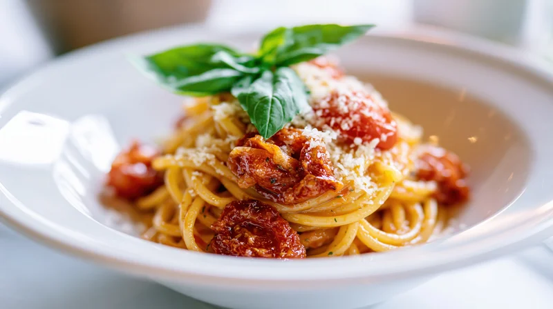 Spaghetti with roasted cherry tomatoes and grated parmesan on a white plate, garnished with basil leaves