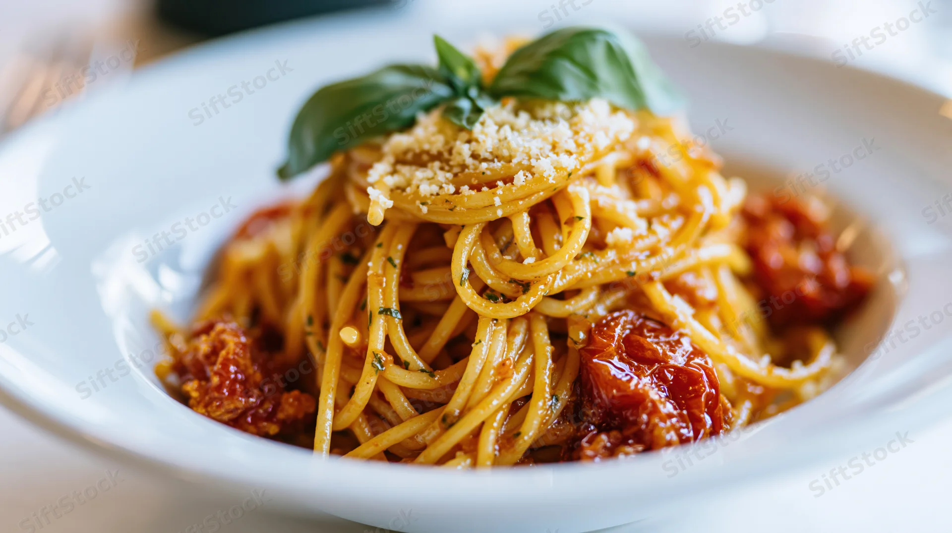 Spaghetti with roasted cherry tomatoes and grated parmesan on a white plate