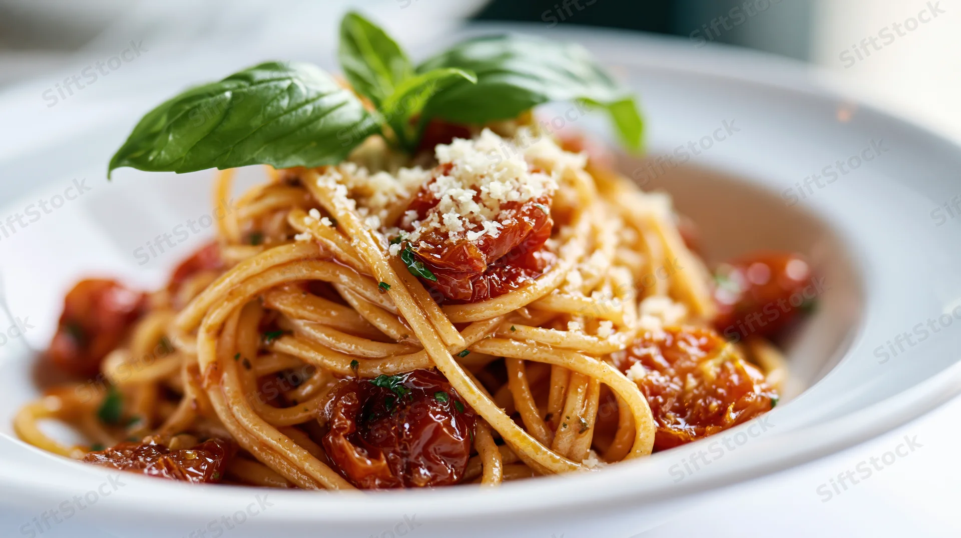 Spaghetti with roasted cherry tomatoes and grated parmesan on a white plate
