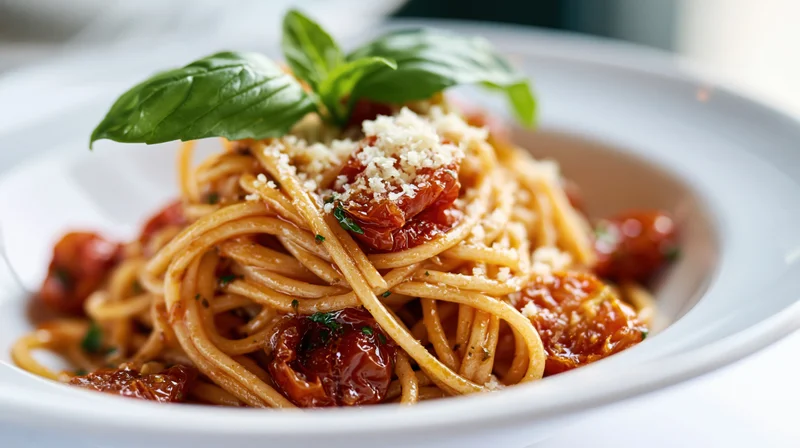 Spaghetti with roasted cherry tomatoes and grated parmesan on a white plate