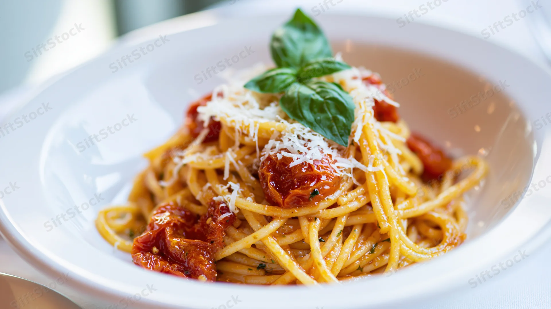 Spaghetti with roasted cherry tomatoes and grated parmesan on a white plate