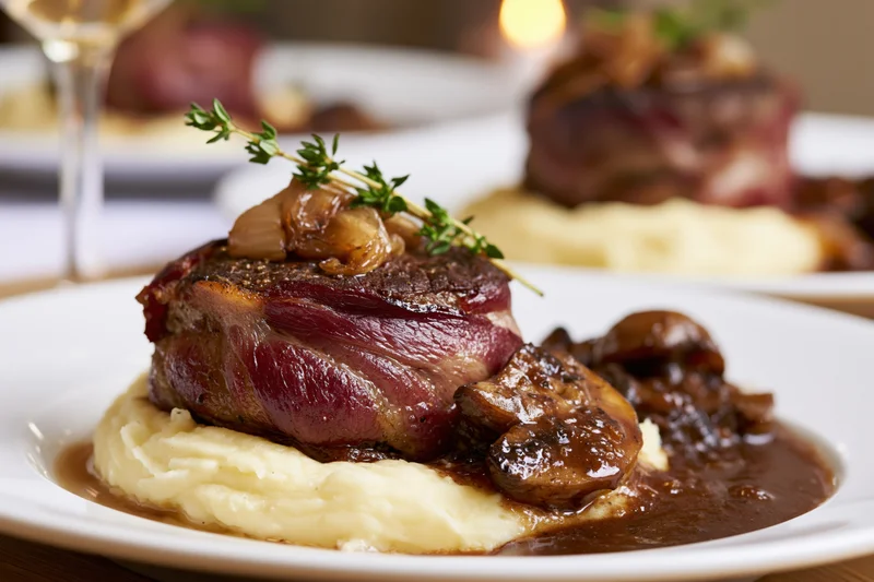 Bacon-wrapped beef medallion on mashed potatoes with gravy and mushrooms on a white plate