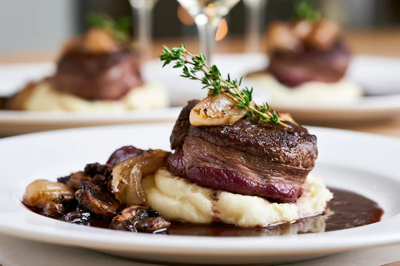 Beef medallion wrapped in bacon served on mashed potatoes with gravy and herbs on a white plate