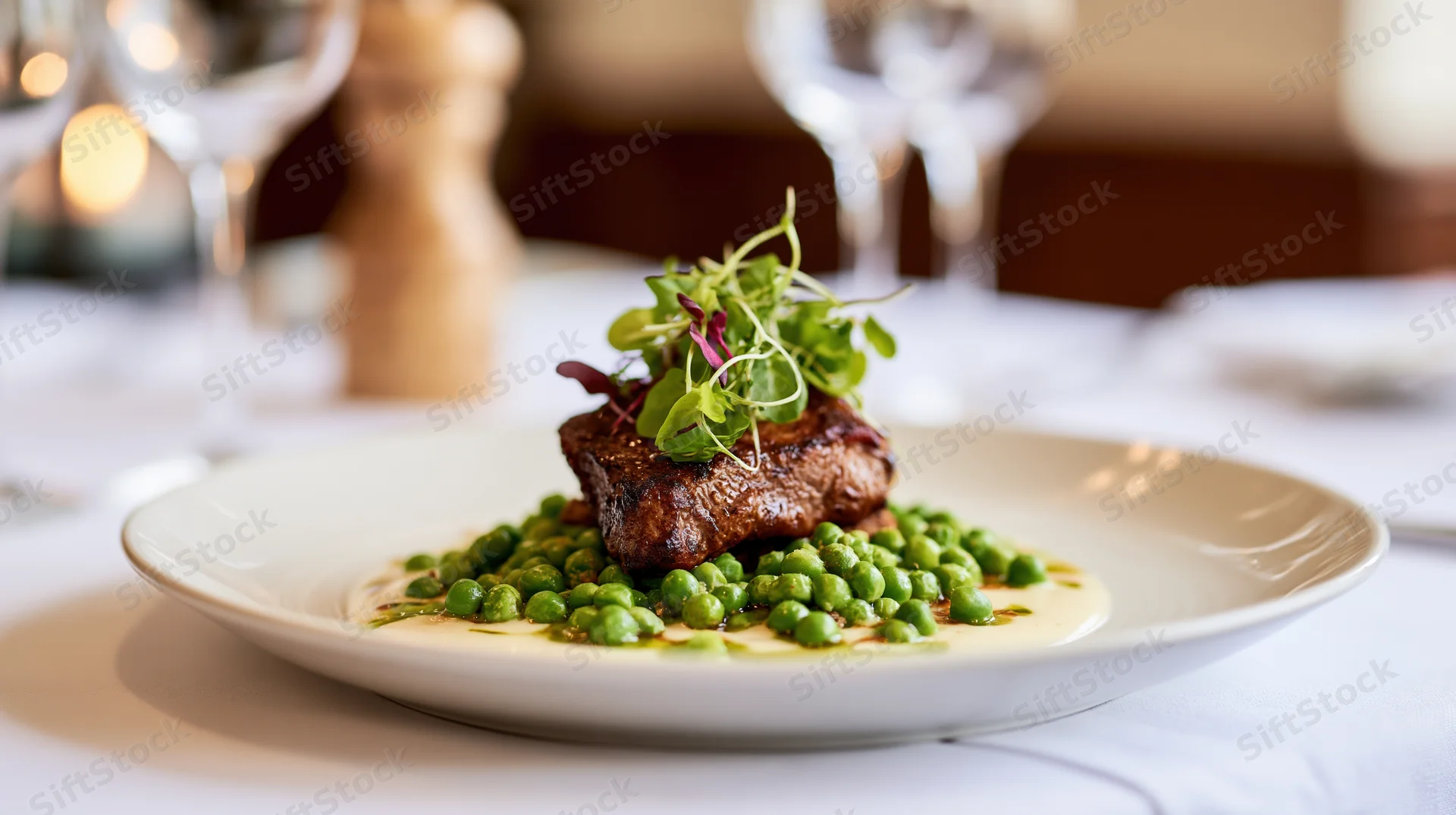 Seared steak with peas and cream sauce on a white plate at a fine dining restaurant table