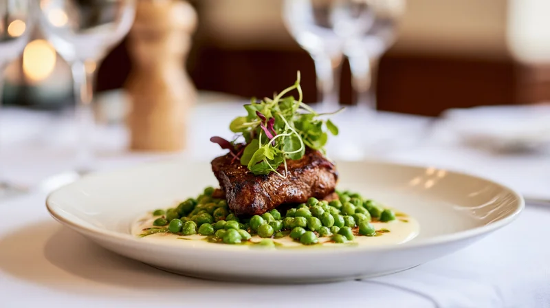 Seared steak with peas and cream sauce on a white plate at a fine dining restaurant table