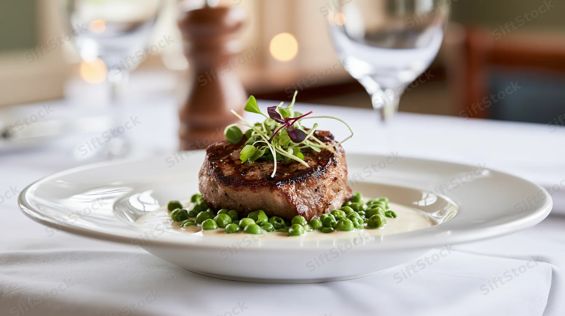Seared steak with peas and microgreens on a white plate at a fine dining table