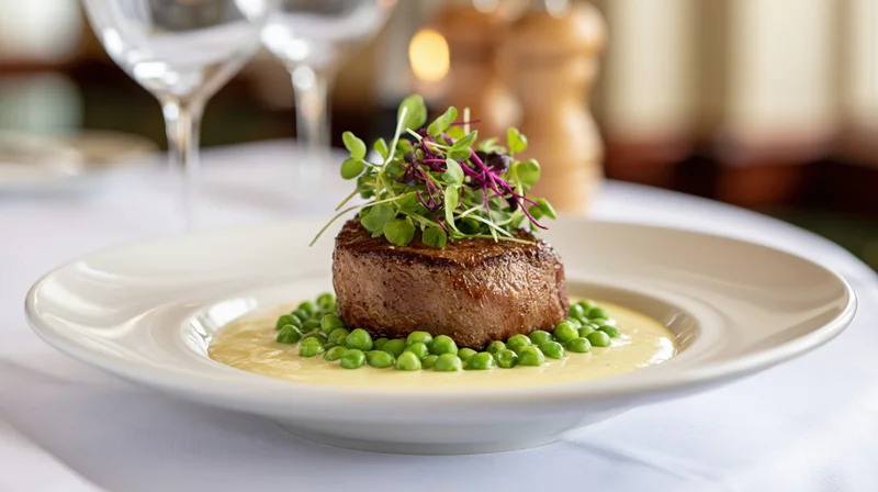 Seared beef steak with peas and microgreens on a white plate at a fine dining table