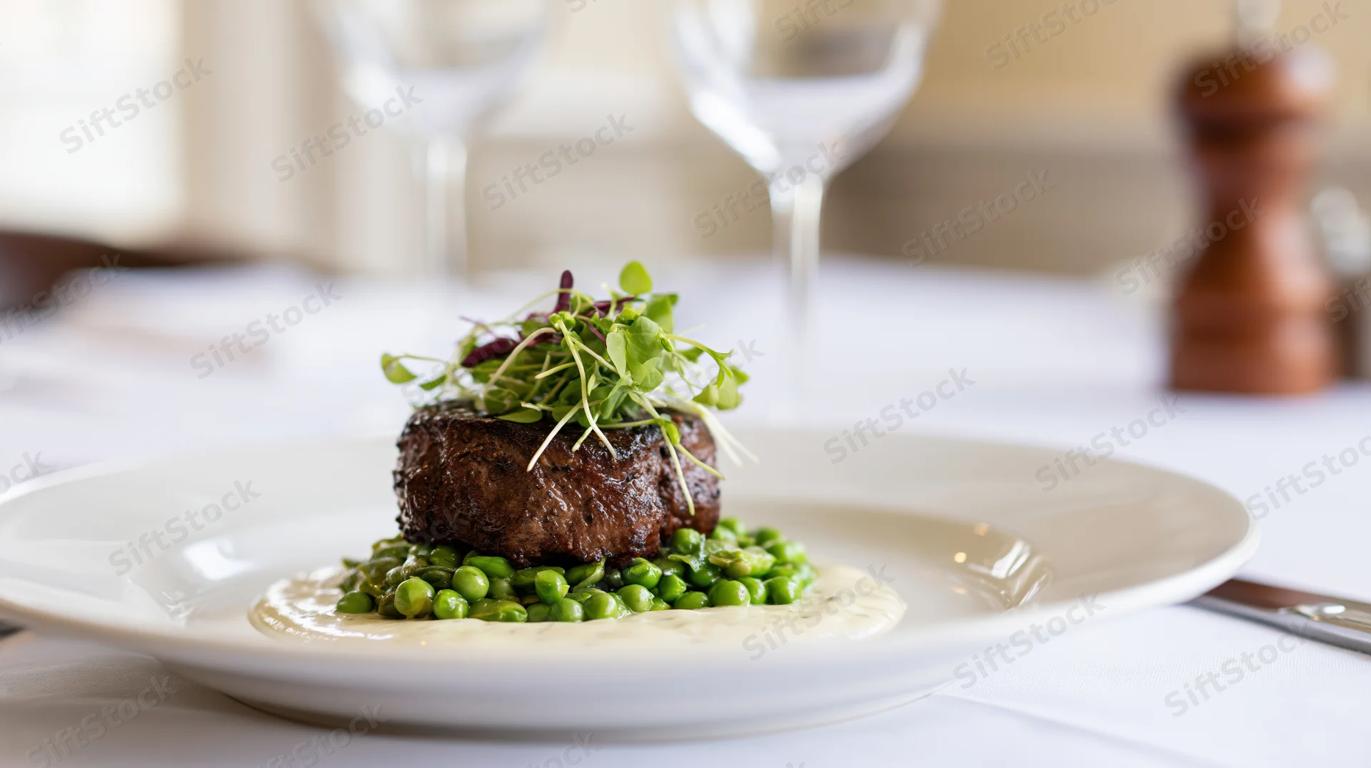 Seared beef steak with peas and microgreens on a white plate at a fine dining table