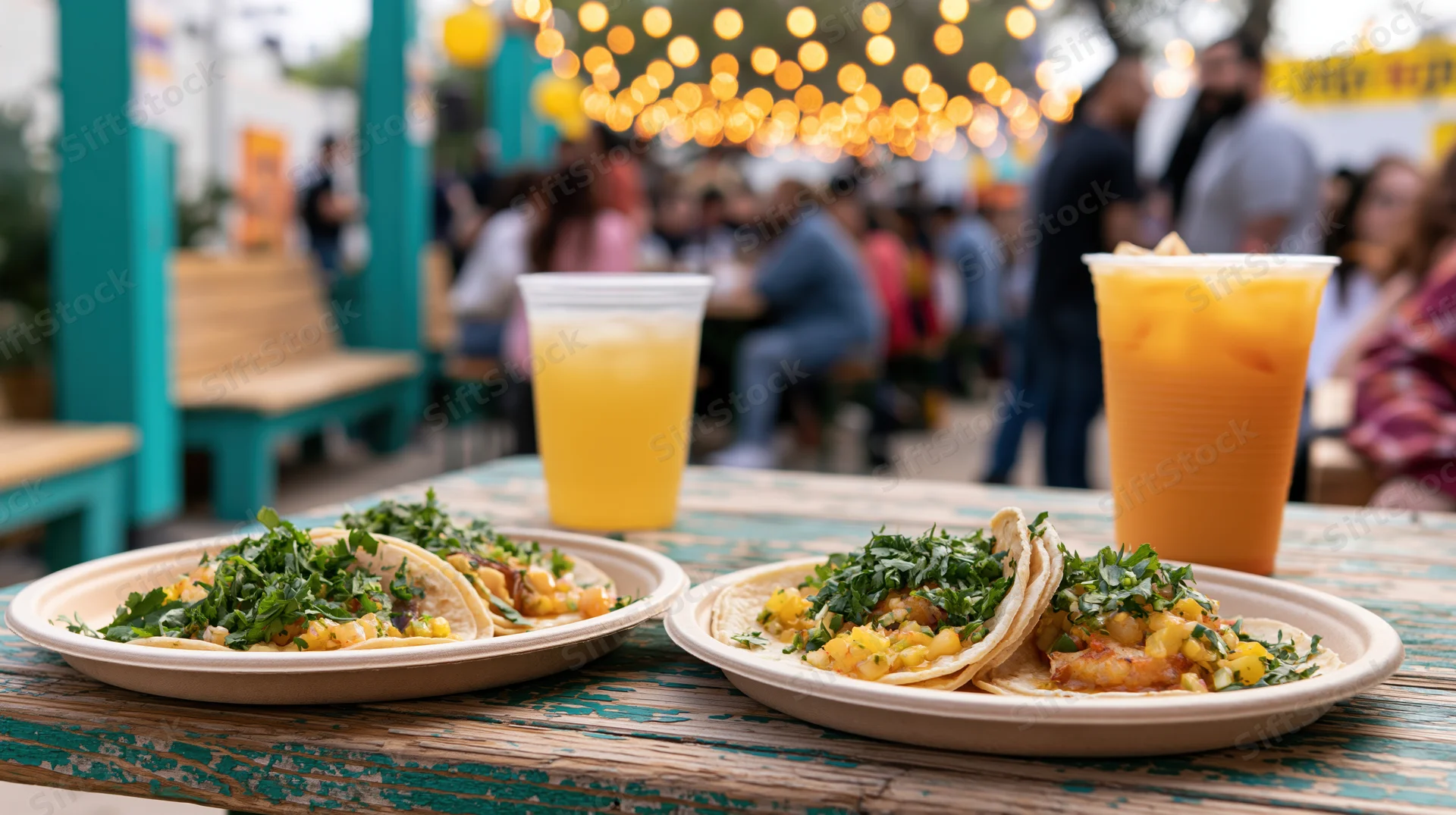 Plates of street tacos topped with cilantro and mango salsa on a wooden table at an outdoor festival
