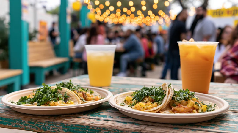 Plates of street tacos topped with cilantro and mango salsa on a wooden table at an outdoor festival