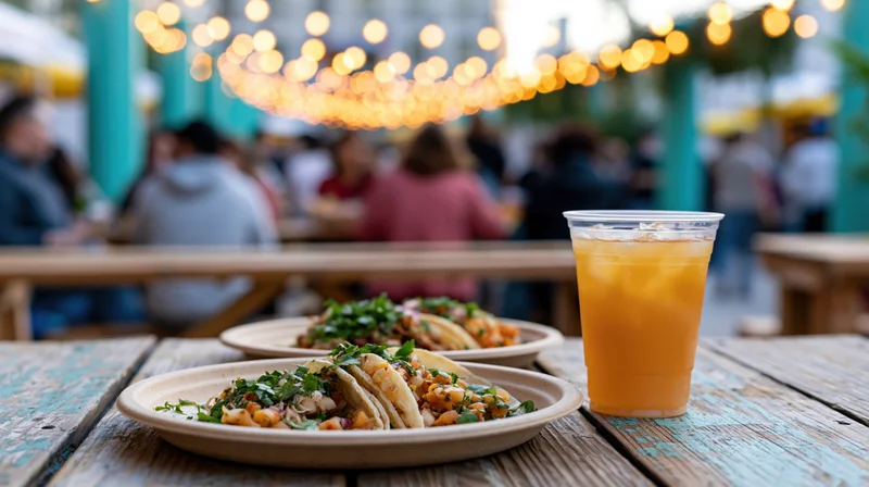 Plates of street tacos with iced tea on a wooden table at an outdoor dining event