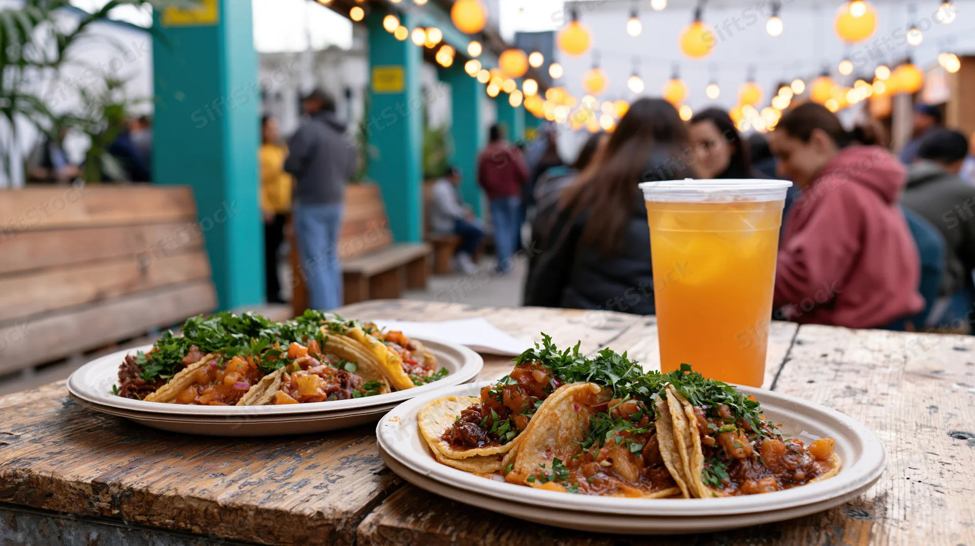 Plates of street tacos with cilantro and sauce on a wooden table at an outdoor dining area with string lights and people in the background