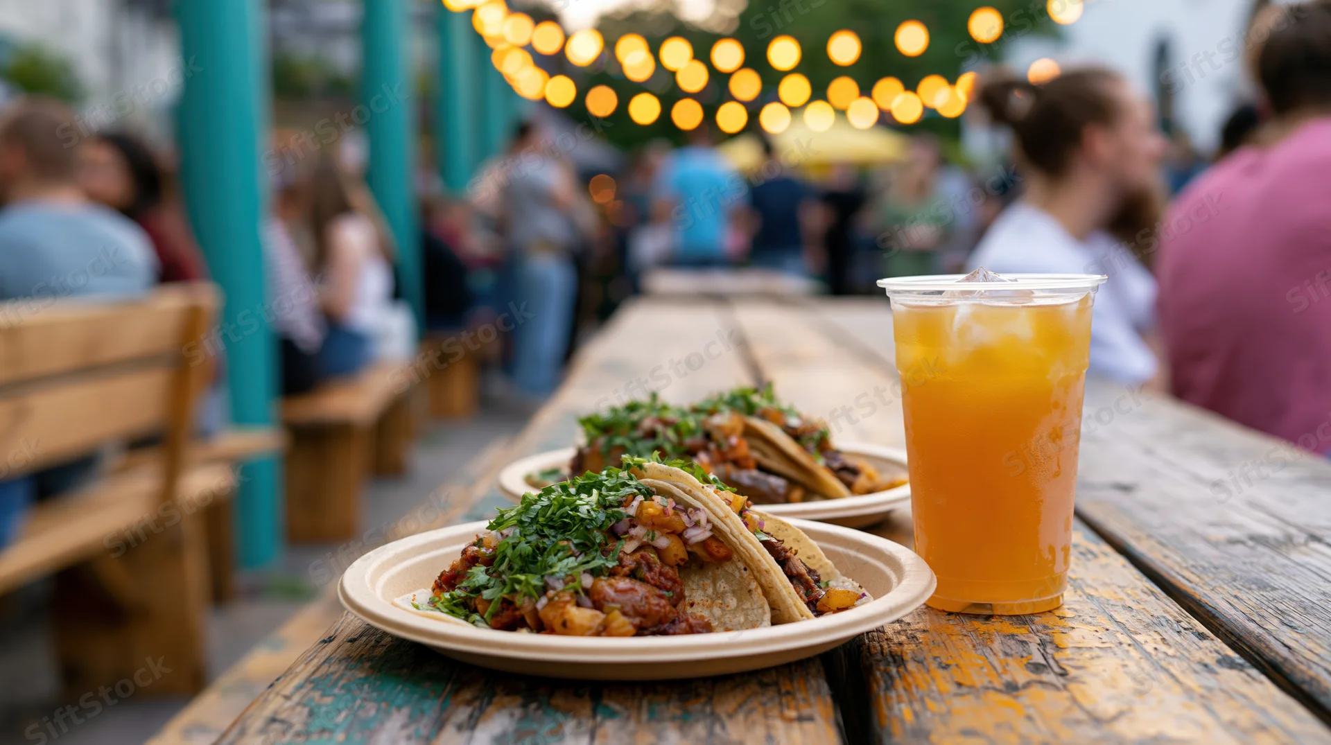 Street tacos with cilantro and iced drink on wooden table at outdoor dining area