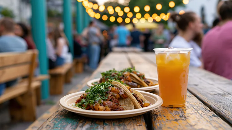 Street tacos with cilantro and iced drink on wooden table at outdoor dining area