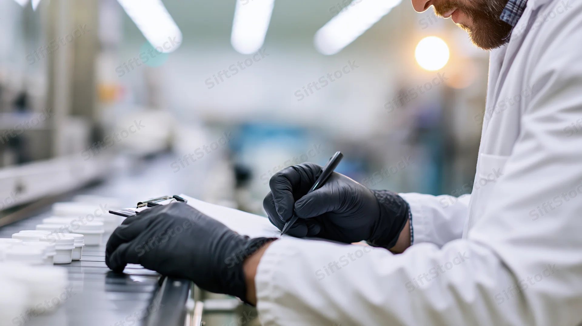 Scientist in lab coat writing notes while inspecting containers on conveyor line
