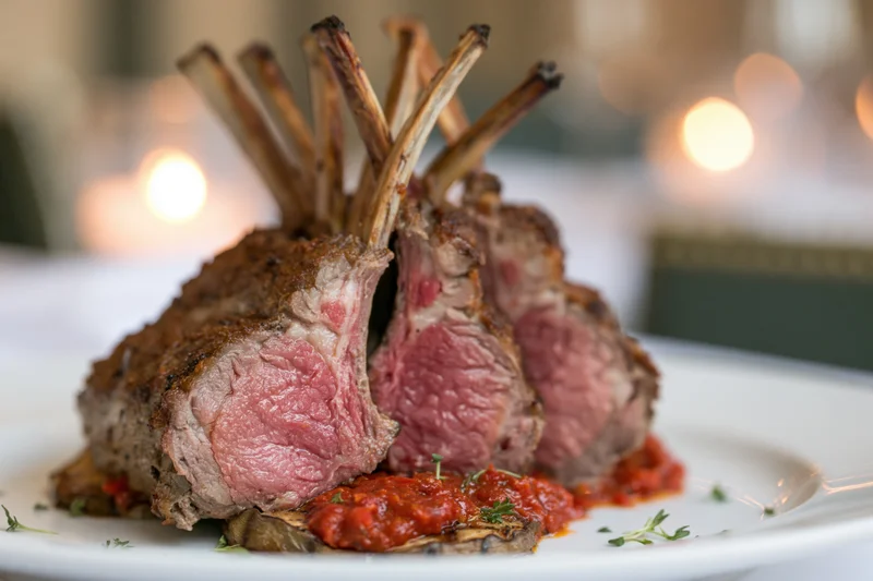 Rack of lamb chops grilled to medium rare on a white plate with tomato sauce and herbs in a restaurant setting