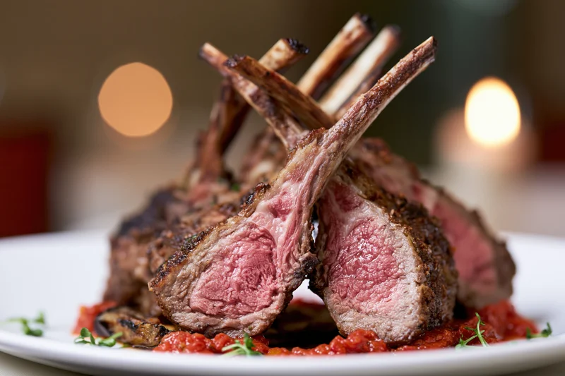 Grilled rack of lamb chops arranged on a white plate with tomato sauce and herbs in a restaurant setting