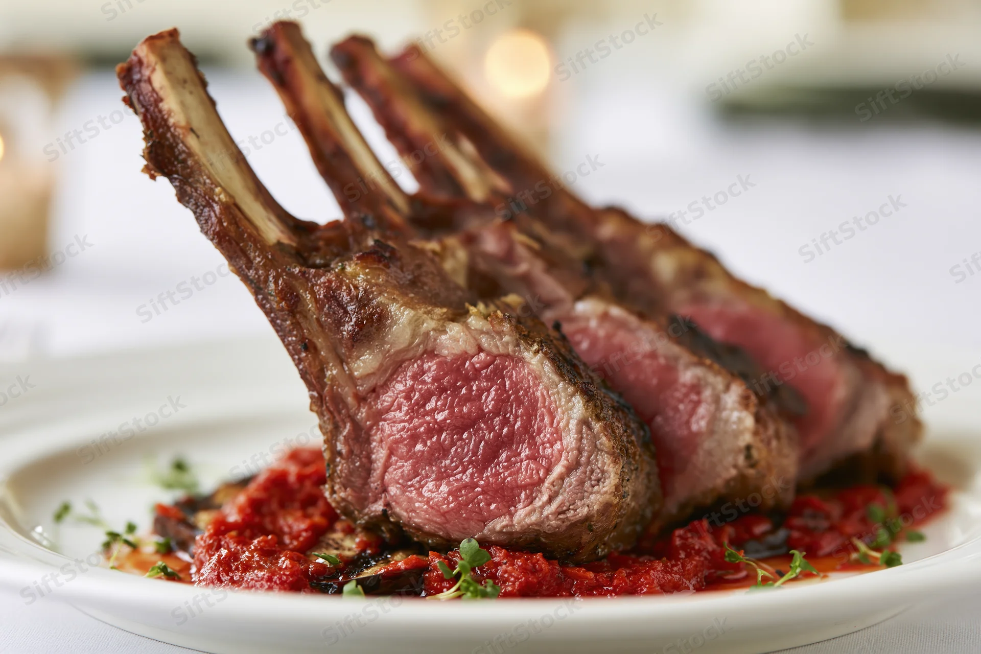 Grilled rack of lamb chops served on a white plate with tomato sauce and herbs in a restaurant setting